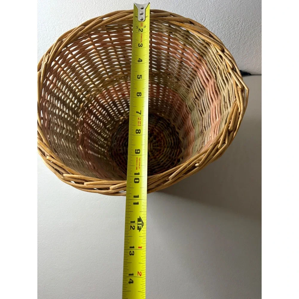 VTG Woven Wicker Basket Tapered Boho Wastebasket Pink Green Tan 11x11 Boho